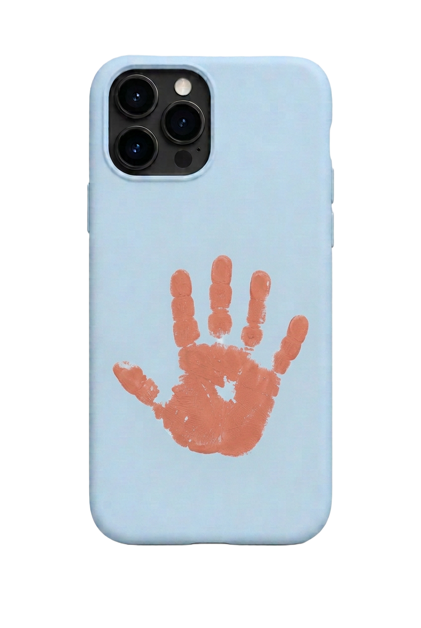 Coque Bleu ciel avec petite empreinte de main d’enfant assortie
