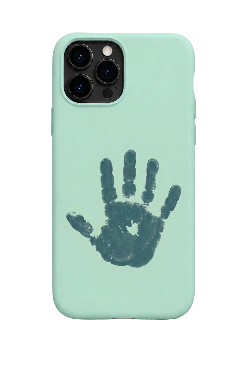 Coque Vert menthe avec petite empreinte de main d’enfant assortie