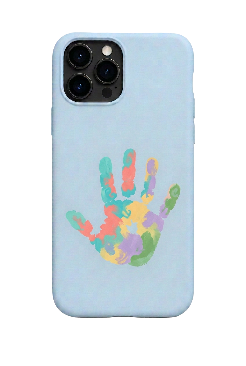 Coque Bleu multicolore avec petite empreinte de main d’enfant assortie