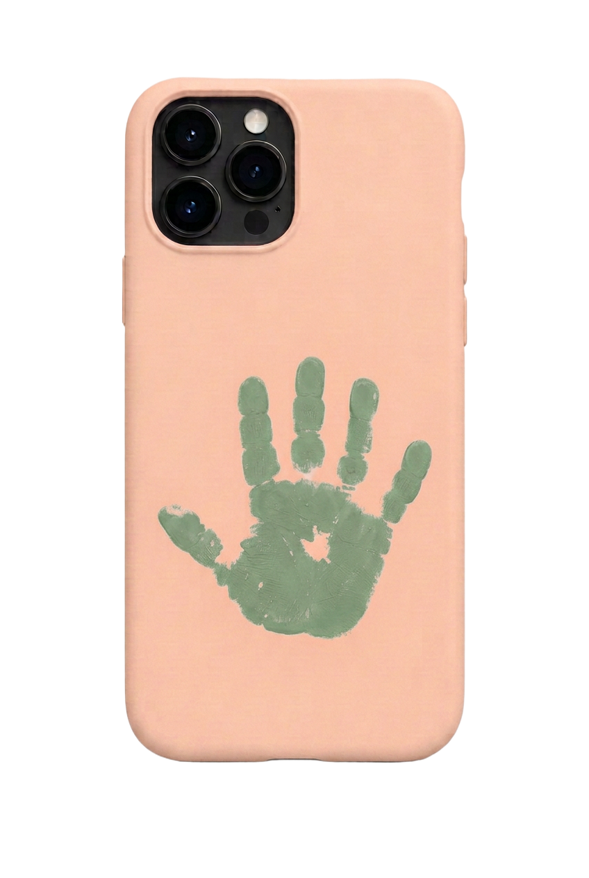 Coque Pêche tendre avec petite empreinte de main d’enfant assortie