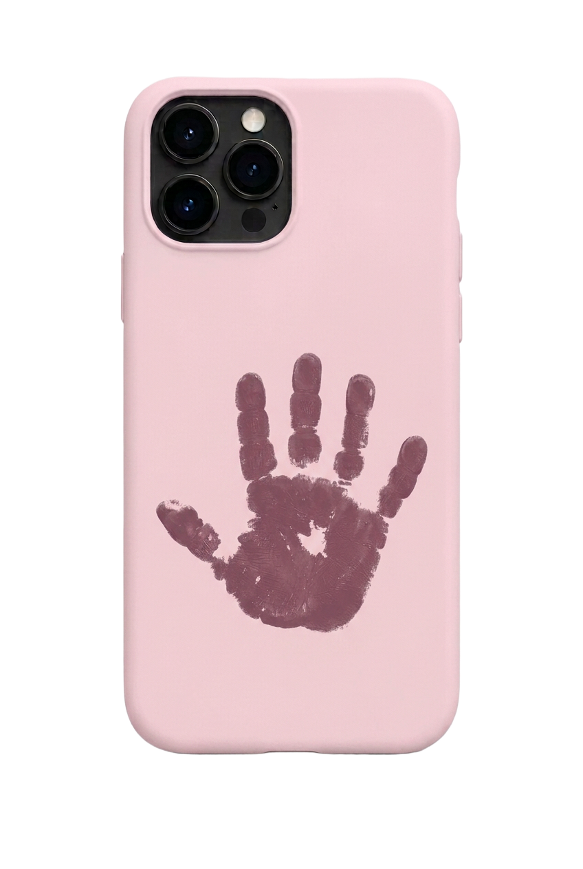 Coque Rose poudré avec petite empreinte de main d’enfant assortie